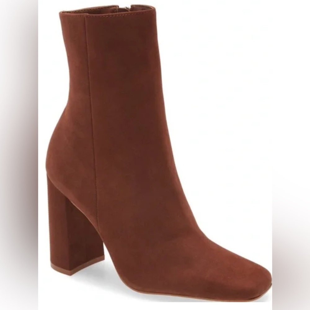 Steve Madden Lourde Nubuck Chocolate Brown Square Toe Heeled Ankle Boots
